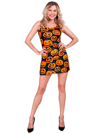Disfraz de vestido negro con calabazas para mujer