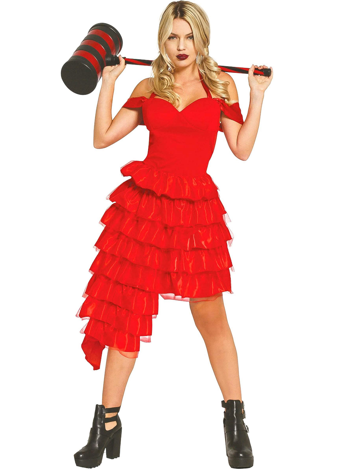 Robe d'arlequin fou pour femme rouge à volants asymétriques