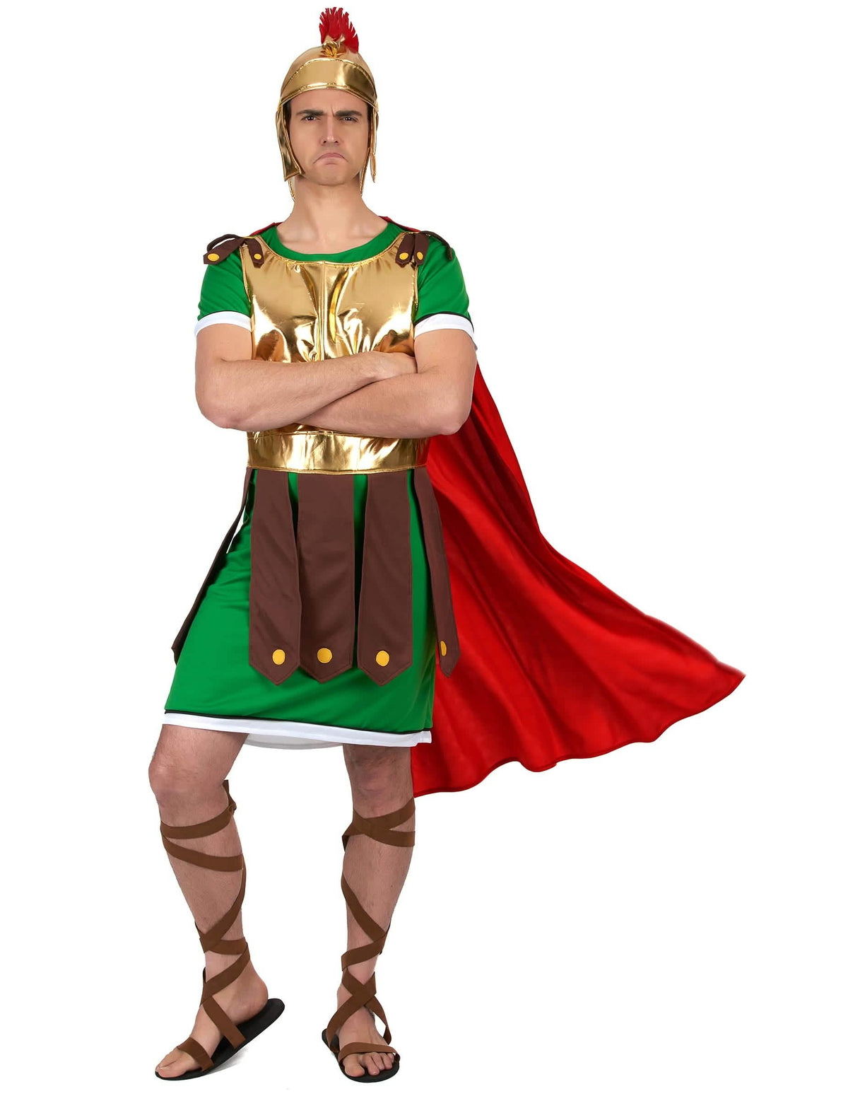 Disfraz de centurión romano para hombre verde y dorado con capa rojo