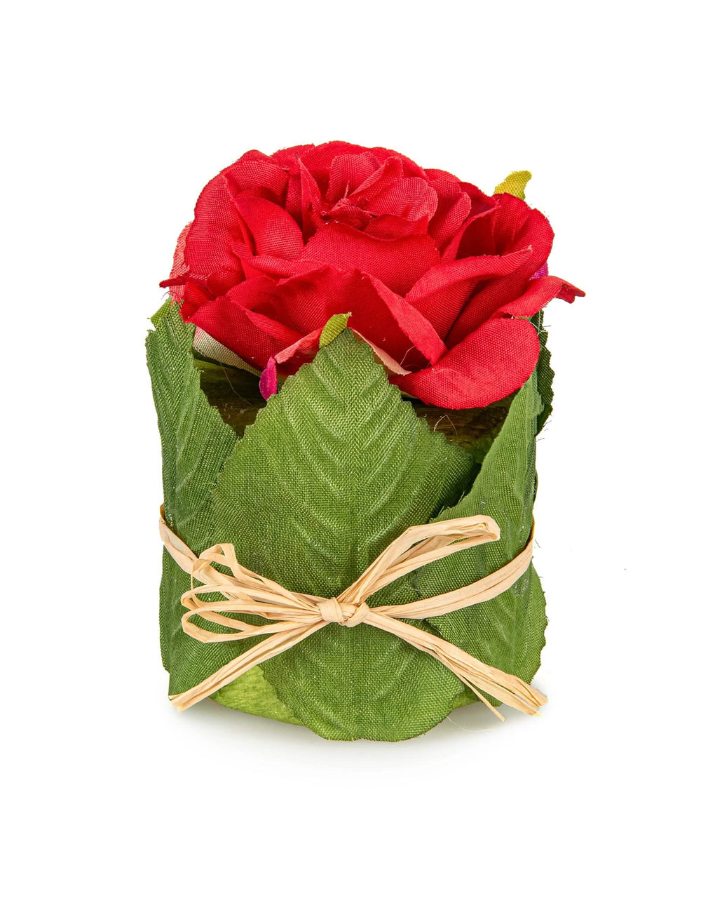 Rose dans un pot en feuillage pour mariage rouge avec nœud en raphia