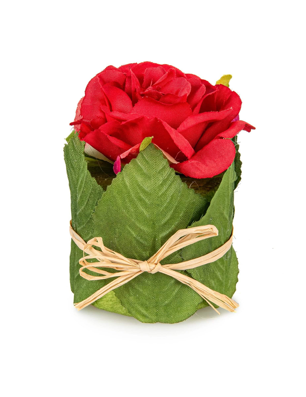 Rose dans un pot en feuillage pour mariage rouge avec nœud en raphia