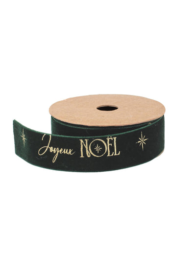Cinta Feliz Navidad terciopelo verde oscuro y oro 2,5 cm x 3 m