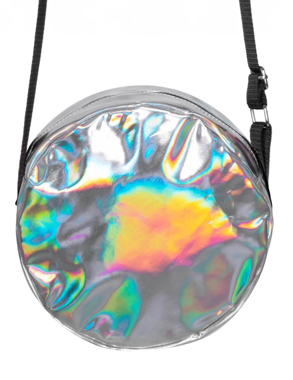 Primer plano del material del bolso de hombro redondo holográfico