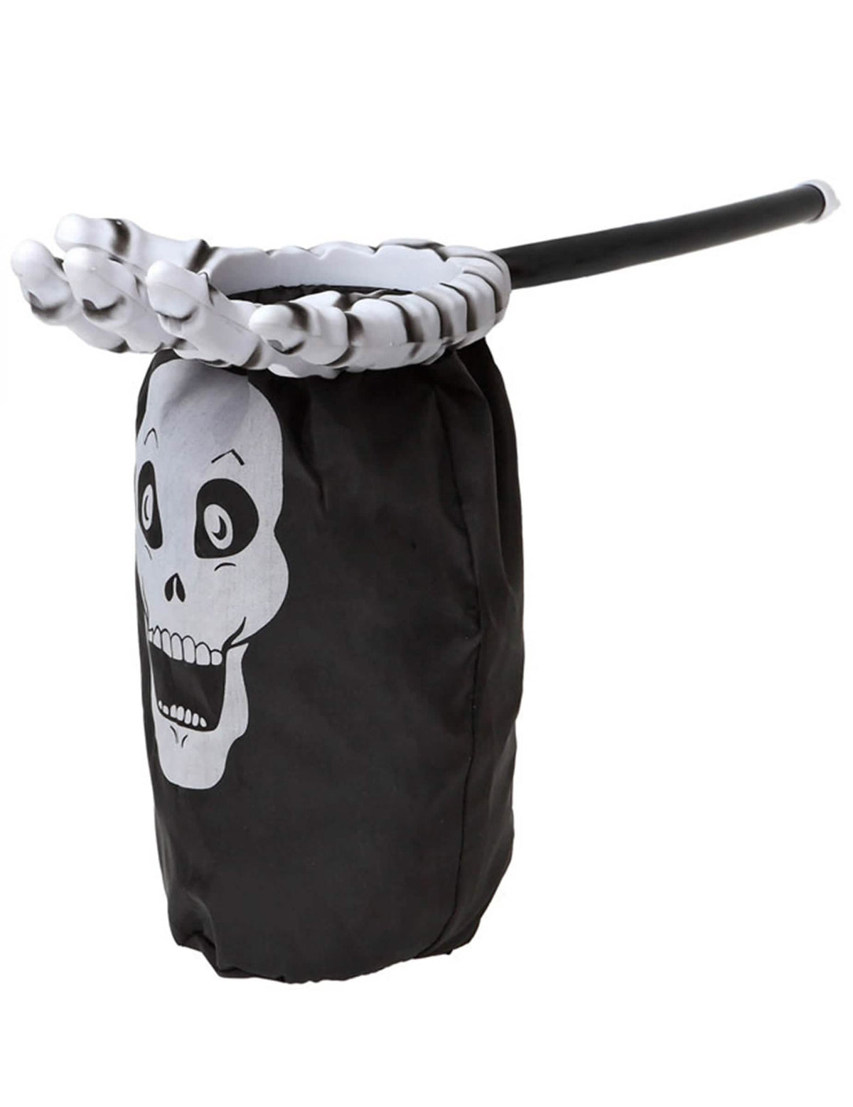 Bolsa de caramelos de esqueleto para niño negro con asa en forma de mano de hueso