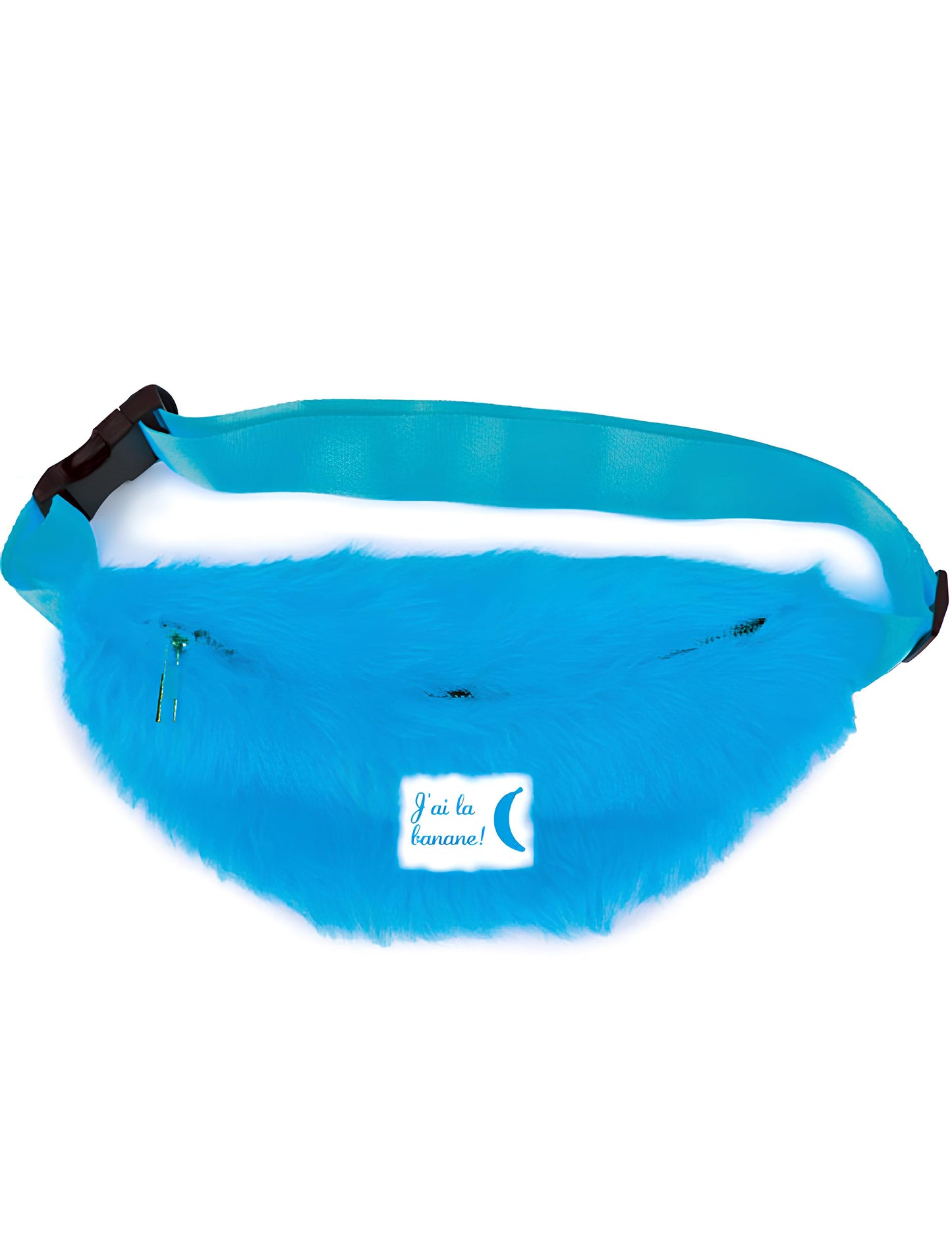 Détail de la sangle et de l'attache du sac banane à poils pour adulte bleu