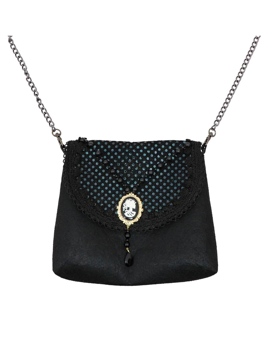 Bolso gótico para mujer negro con lentejuelas y camafeo