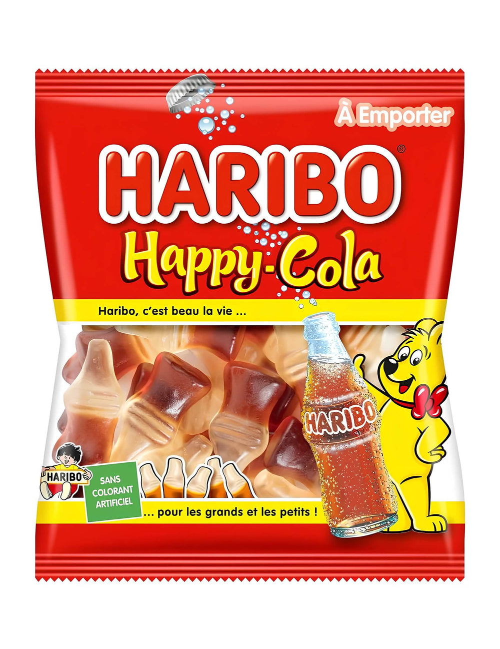 Bolsita de caramelos Haribo Happy Cola para pequeños y grandes rojo y amarillo