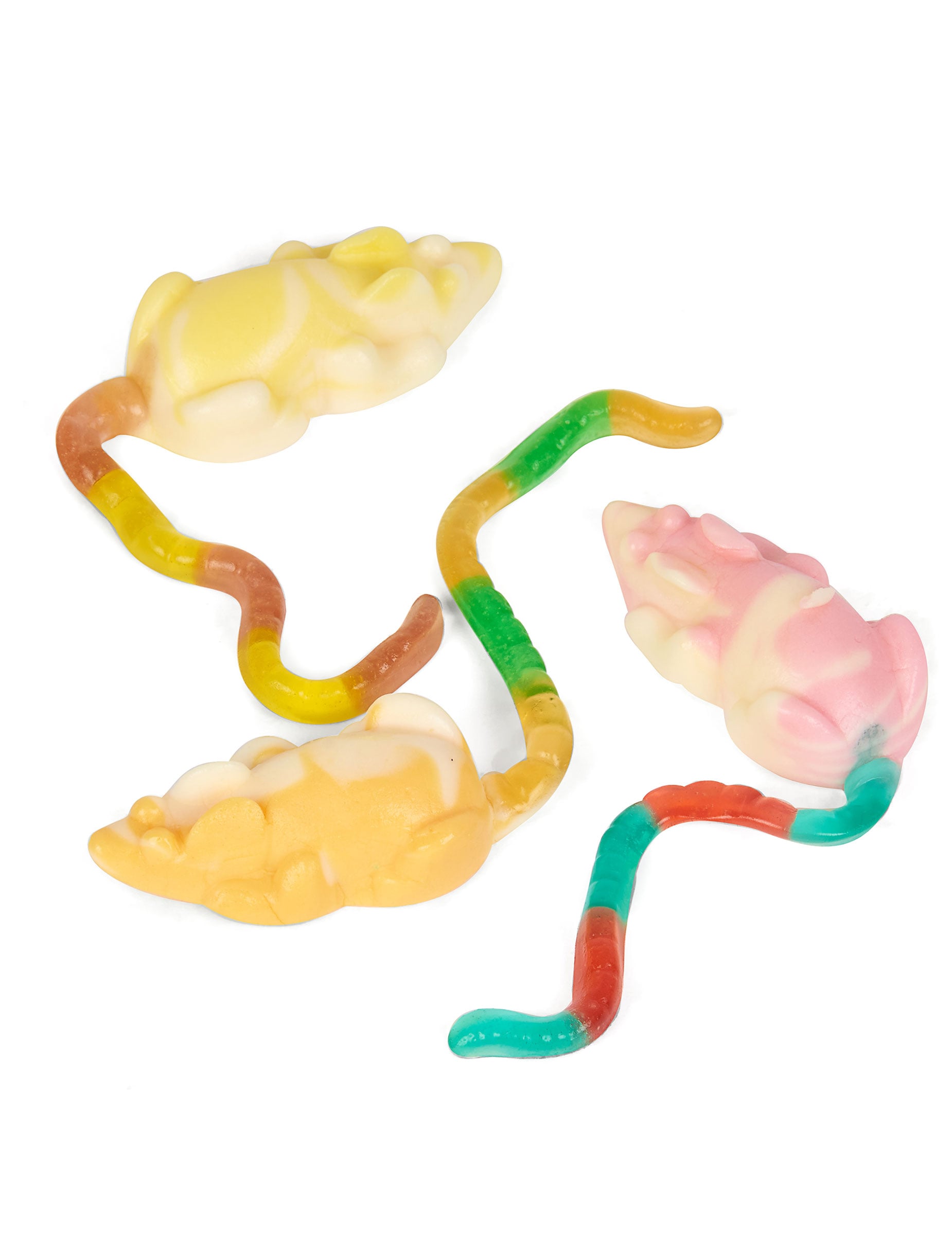Détail des gommes multicolores du sachet de bonbons souris