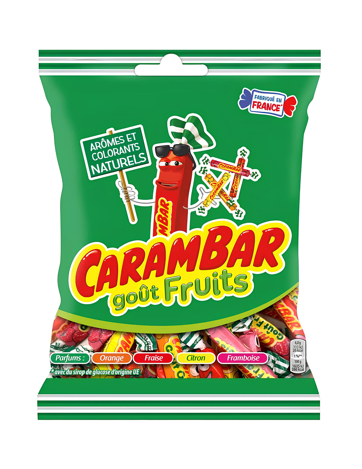 Sachet de bonbons Carambar fruits pour enfant et adulte aux parfums orange fraise citron et framboise