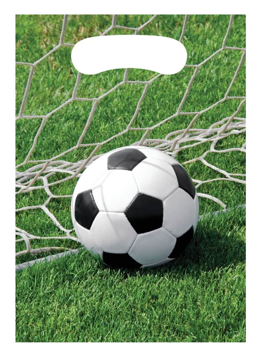 Sacs cadeaux en plastique foot avec motif de ballon dans un filet sur herbe verte