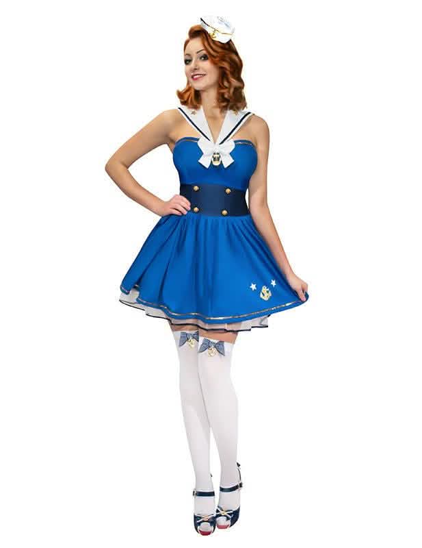 Déguisement de marin pinup pour femme bleu et blanc avec chapeau