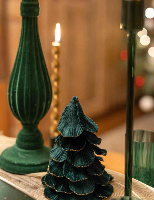 Árbol de Navidad de terciopelo verde oscuro y dorado 12 x 16 cm