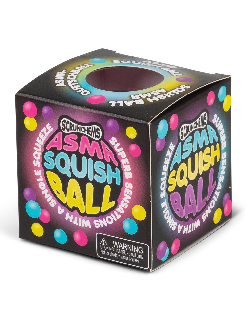 Vue de la boîte d'emballage de la balle anti-stress Scrunchems ASMR