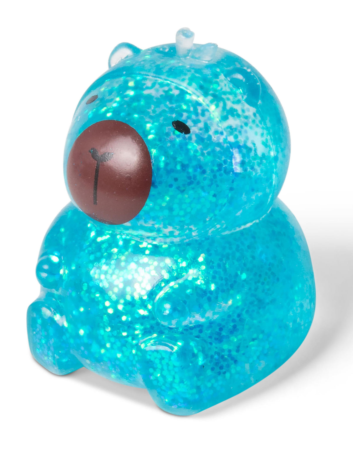 Vue de face de la balle anti stress capybara Scrunchems bleue pailletée