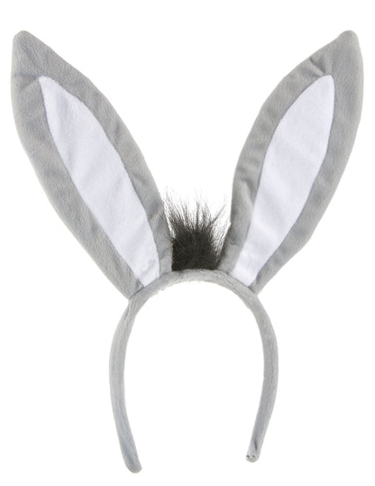 Serre-tête âne pour adulte gris et blanc avec touffe de poils noirs