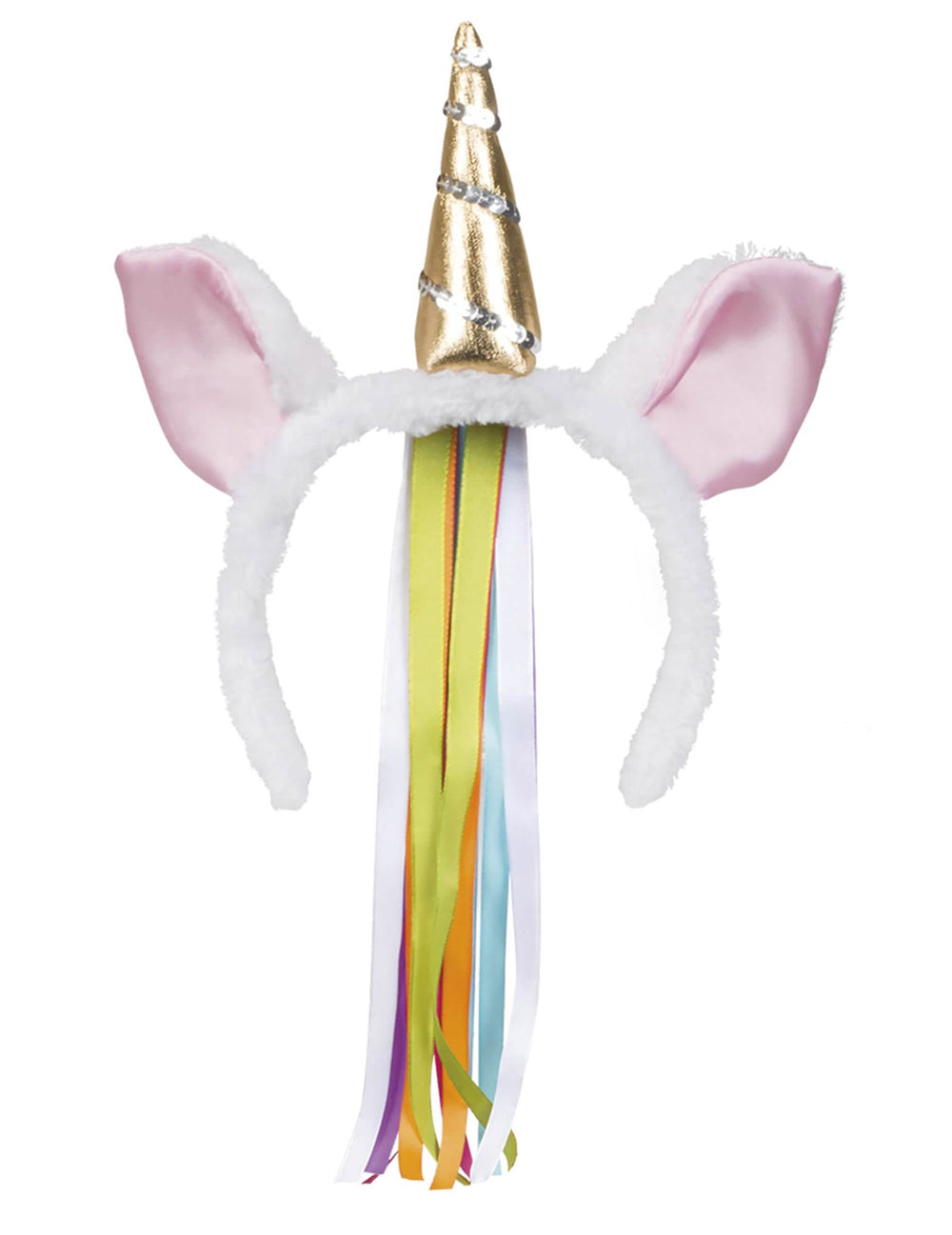 Detalle del cuerno dorado y las cintas llamativas del diadema unicornio