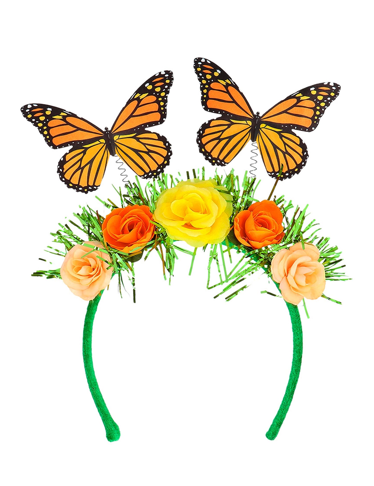 Vue de face du serre-tête fleurs et papillon pour adulte