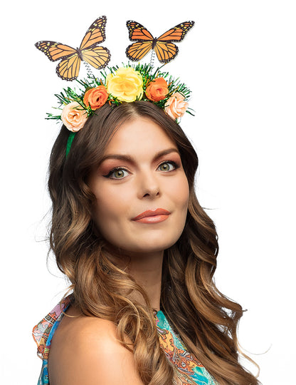 Serre-tête fleurs et papillon pour adulte orange et jaune
