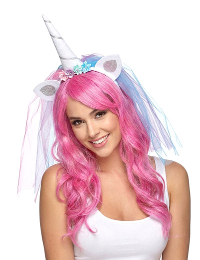 Diadema unicornio con velo multicolor adulto