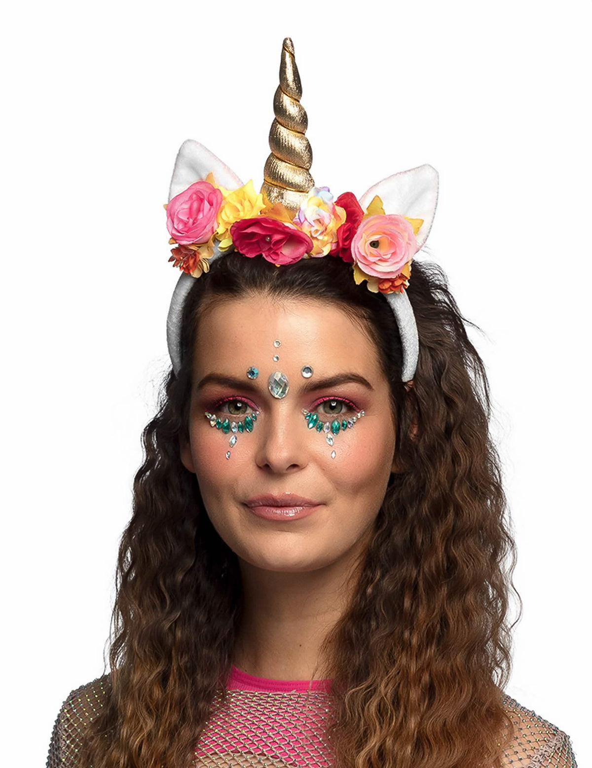 Diadema de unicornio encantada para mujer blanco con cuerno dorado y flores coloreadas