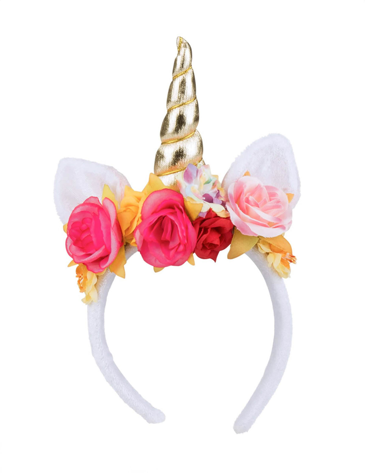 Diadema de unicornio encantada para mujer blanco con cuerno dorado y flores multicolores