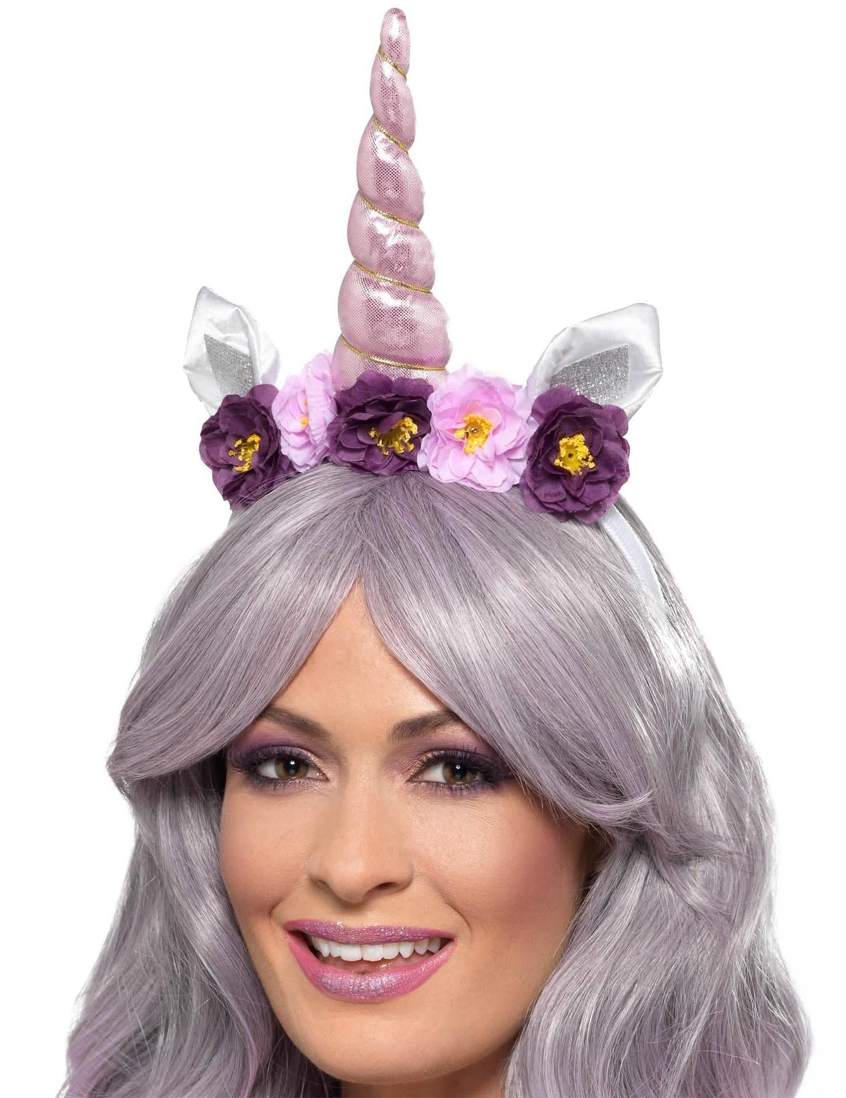 Diadema de unicornio para adulto violeta con cuerno rosa y flores