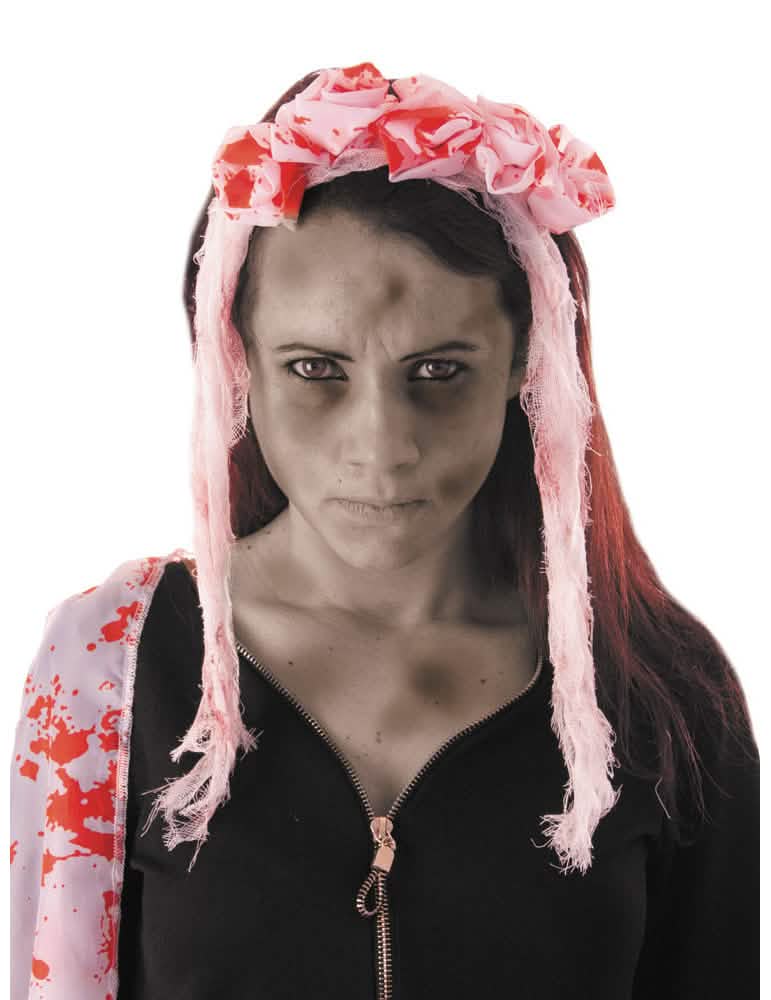Diadema de novia ensangrentada para adulto rosa con flores y manchas de sangre