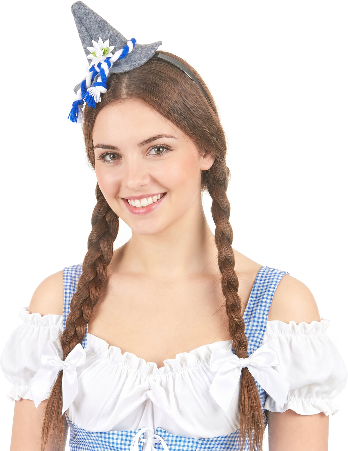 Serre-tête mini chapeau Bavarois pour adulte gris avec cordelette bleue et blanche et fleur edelweiss