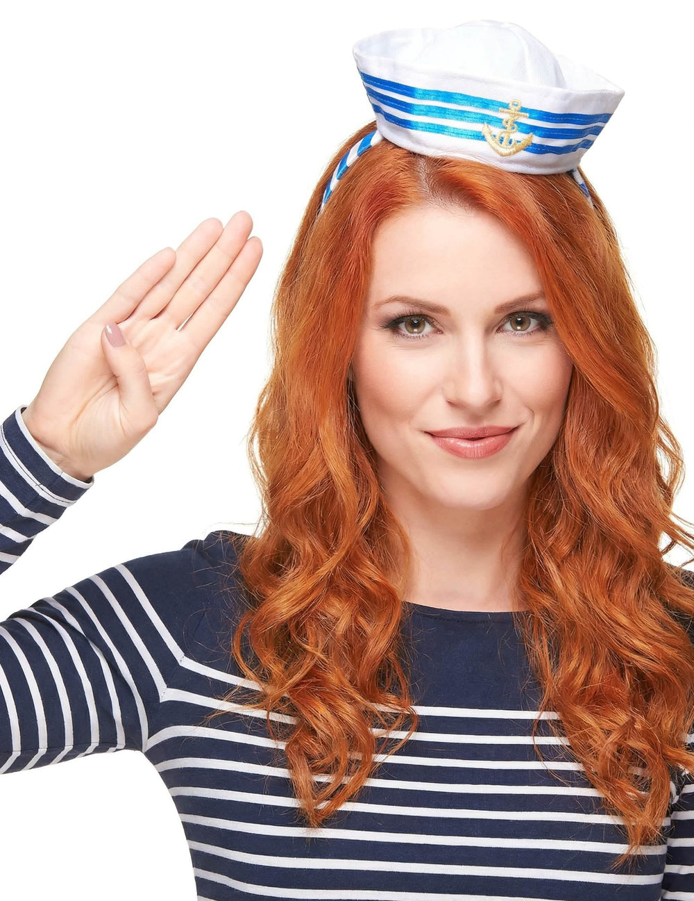 Diadema mini sombrero marinero para adulto blanco y azul con ancla dorada