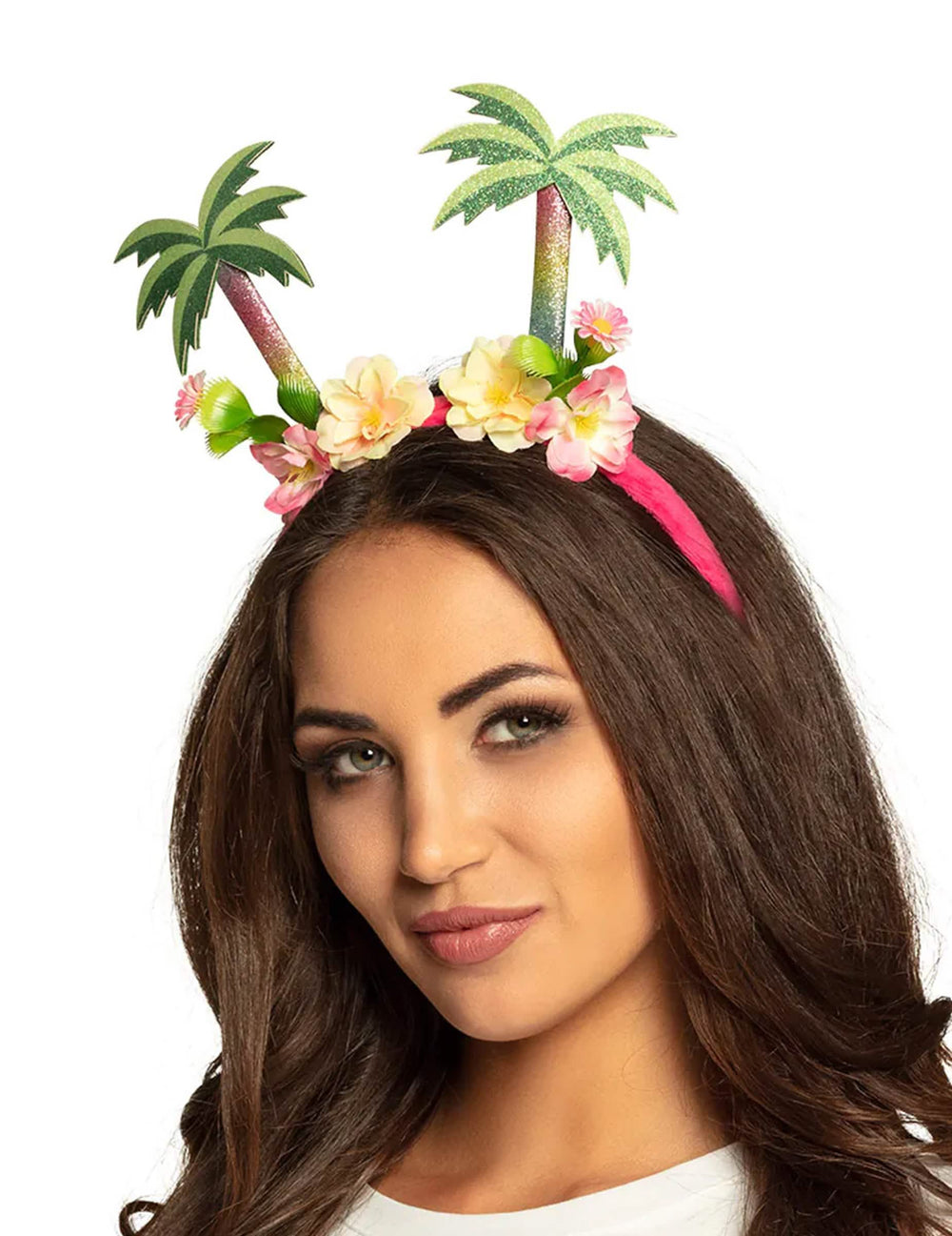 Diadema palmera Hawái adulto rosa con flores y palmeras con purpurina