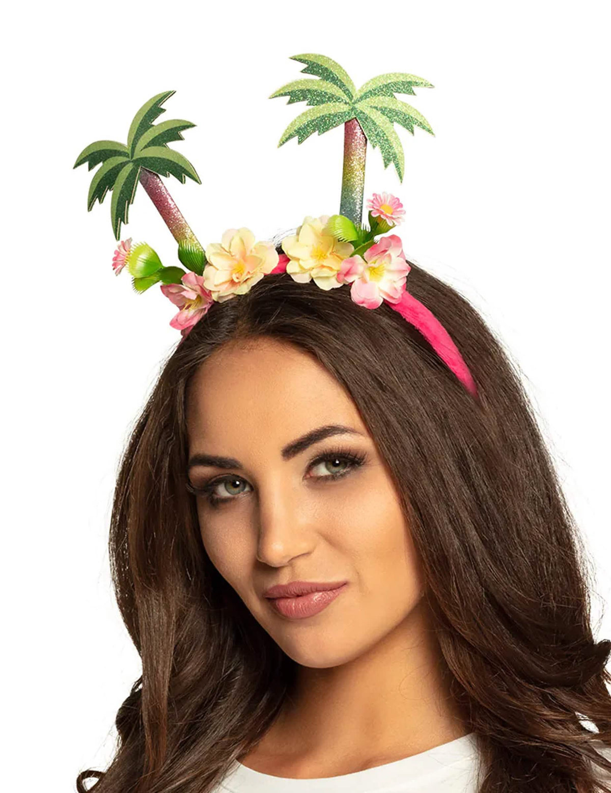Diadema palmera Hawái adulto rosa con flores y palmeras con purpurina