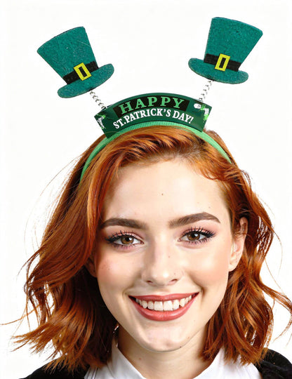 Serre-tête St Patrick's day pour adulte vert avec mini chapeaux haut-de-forme et message
