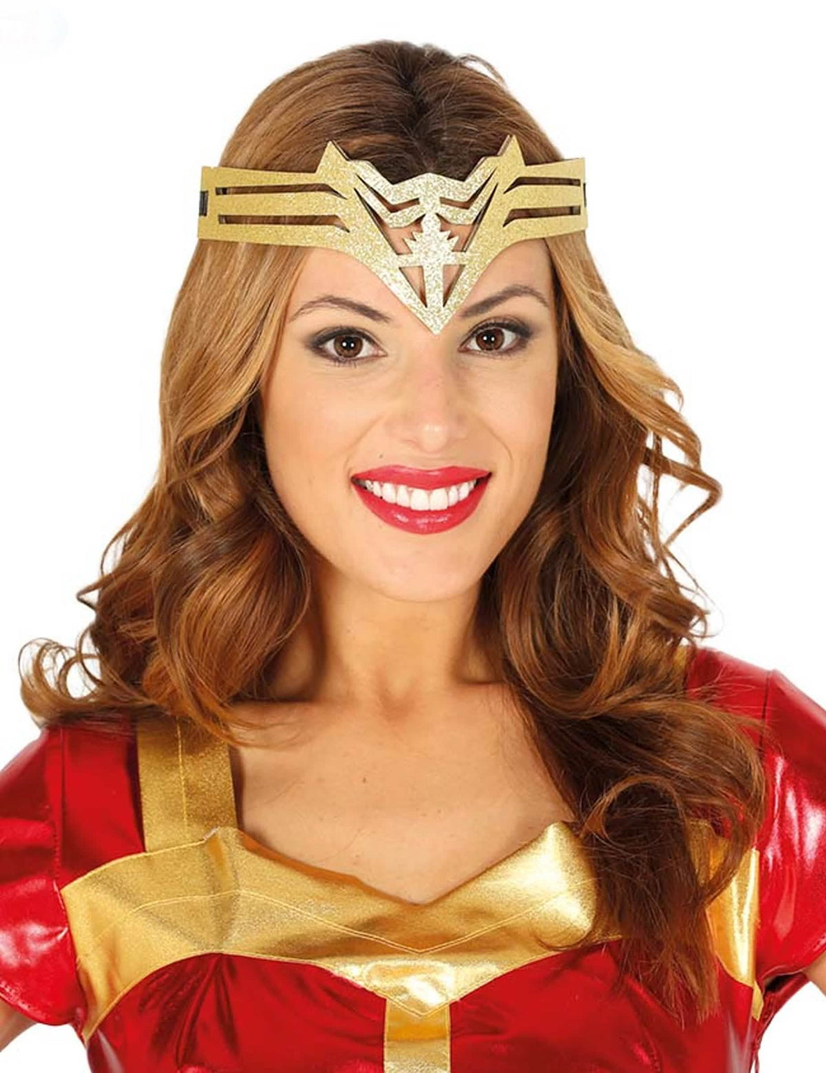 Diadema de super heroína para mujer dorado y brillante
