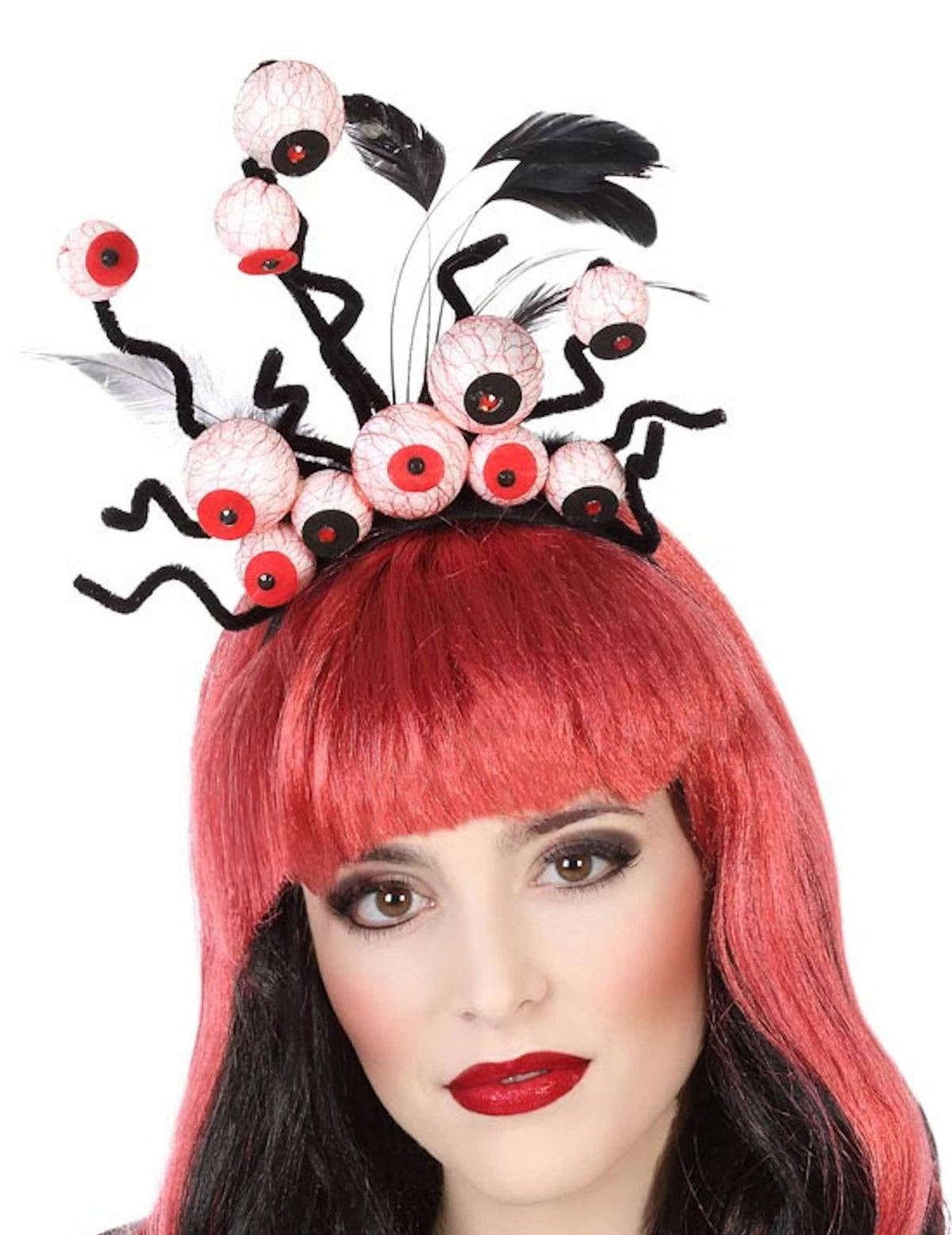 Serre-tête yeux Halloween pour adulte noir avec globes oculaires ensanglantés et plumes noires