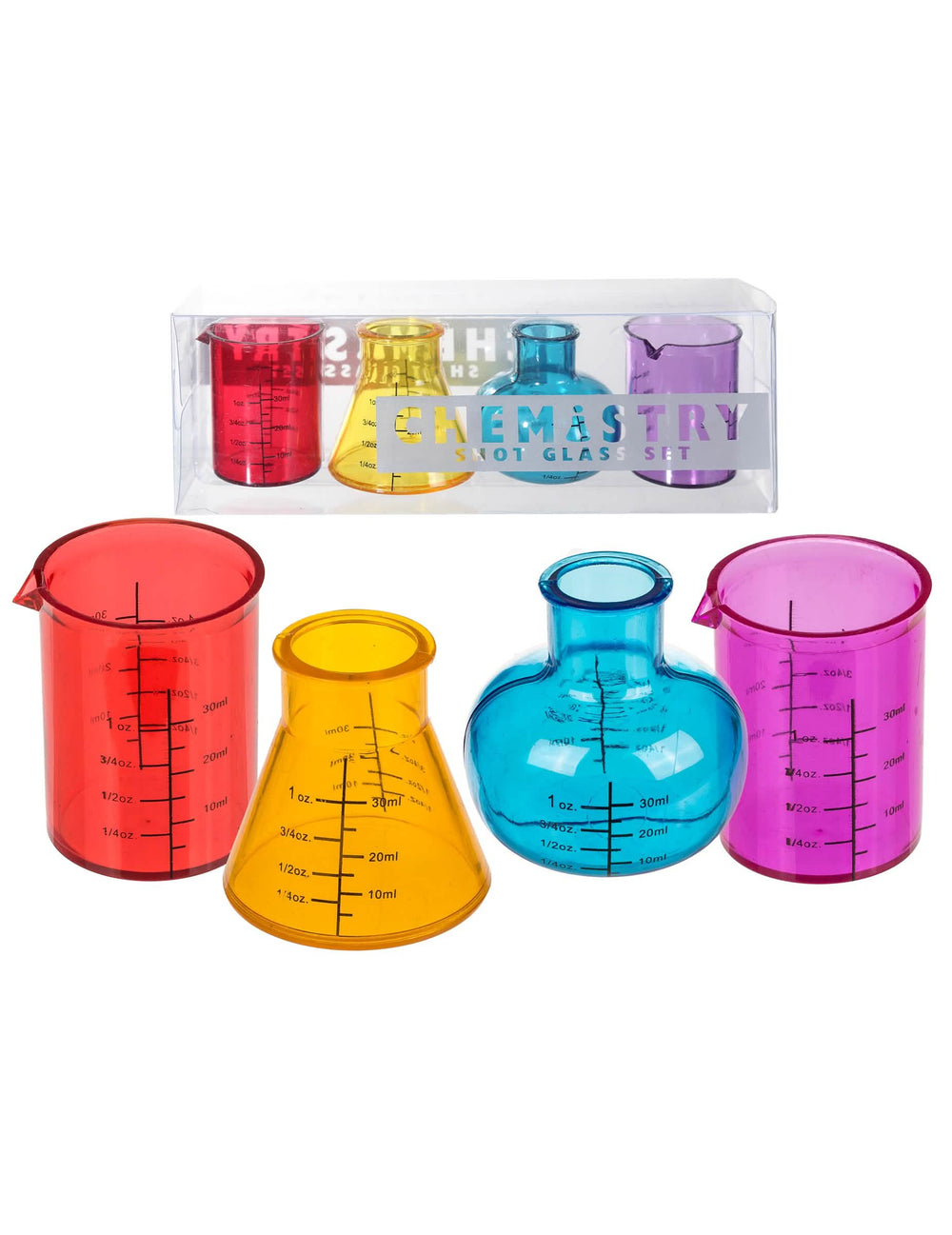 Vue d'ensemble avec emballage du set de 4 verres shooters chimiste