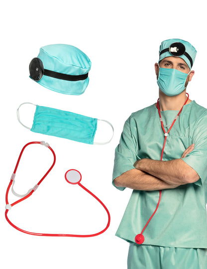 Set accessoires docteur pour adulte bleu turquoise et rouge avec stéthoscope et miroir frontal