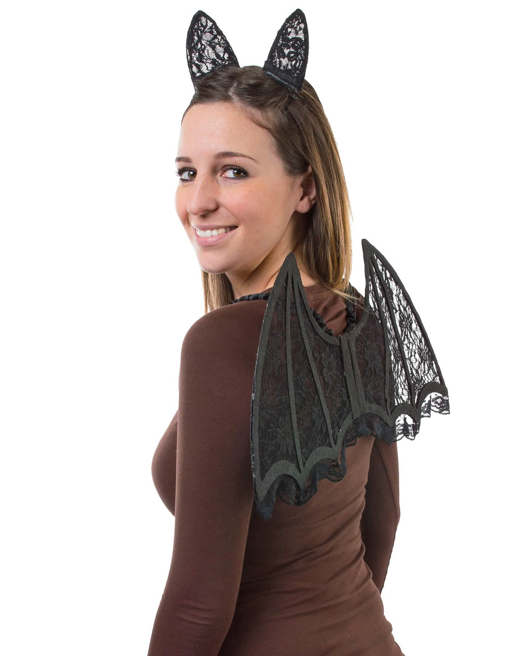 Set ailes et oreilles de chauve-souris pour femme en dentelle noire