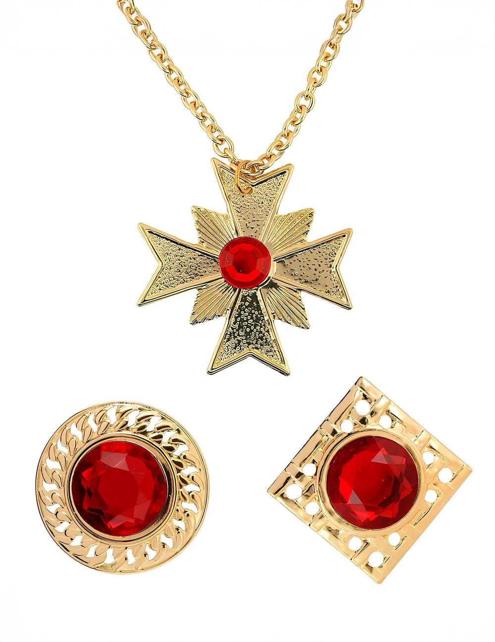 Set de joyas vampiro para adulto dorado y rojo con colgante cruz