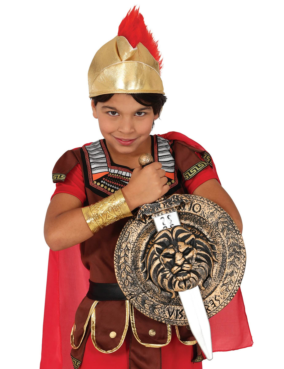 Set de escudo y espada romanos para niño dorado y marrón con cabeza de león