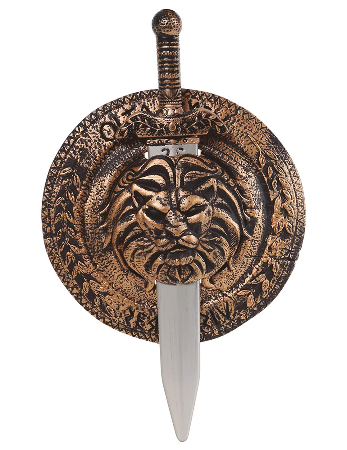Detalle de la espada insertada en el escudo del set escudo espada romano