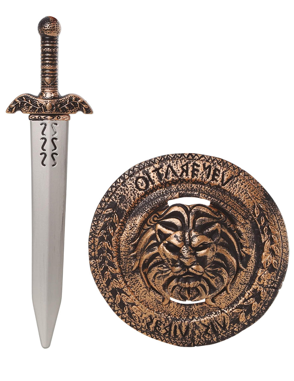 Vista frontal de la espada y el escudo del set de escudo y espada romano