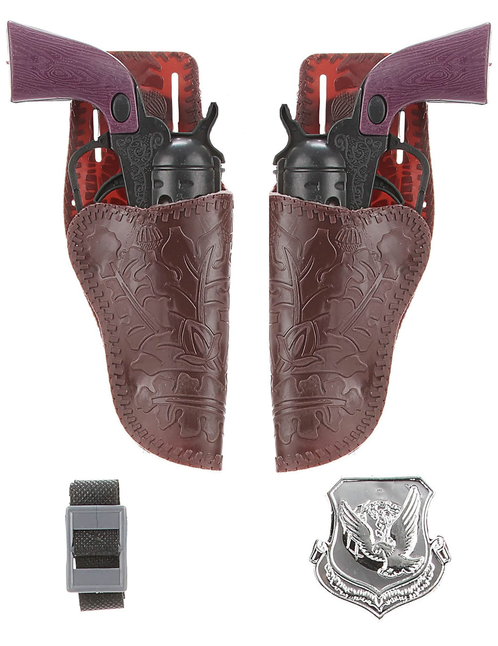 Set de 2 pistolas vaqueras para niño con fundas marrones y insignia de sheriff