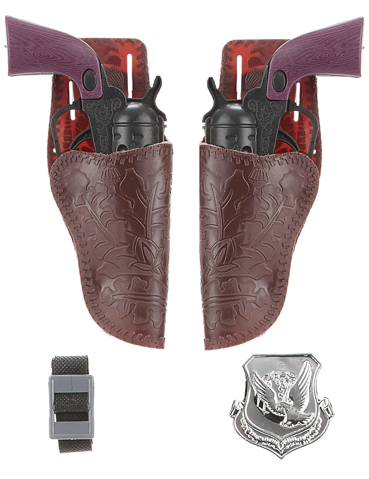Set de 2 pistolas vaqueras para niño con fundas marrones y insignia de sheriff