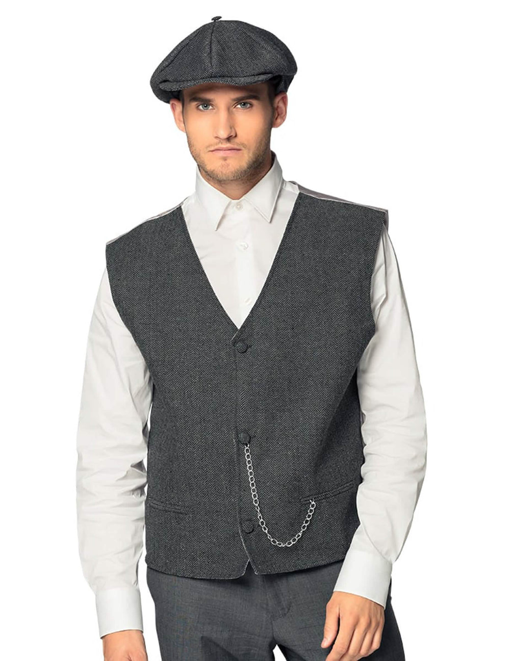 Set de disfraz años 20 para hombre gris con chaleco de espiga y gorra