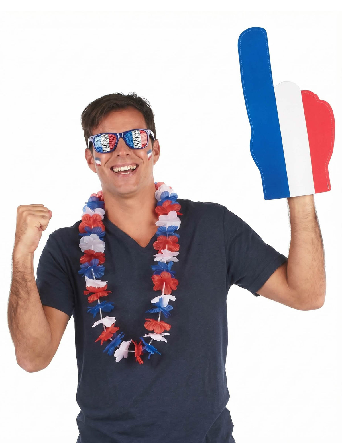 Set du supporter France pour adulte avec lunettes collier hawaï et main géante bleu blanc rouge