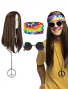 Set Hippie pour adulte avec perruque, lunettes, bandeau multicolore et collier peace and love