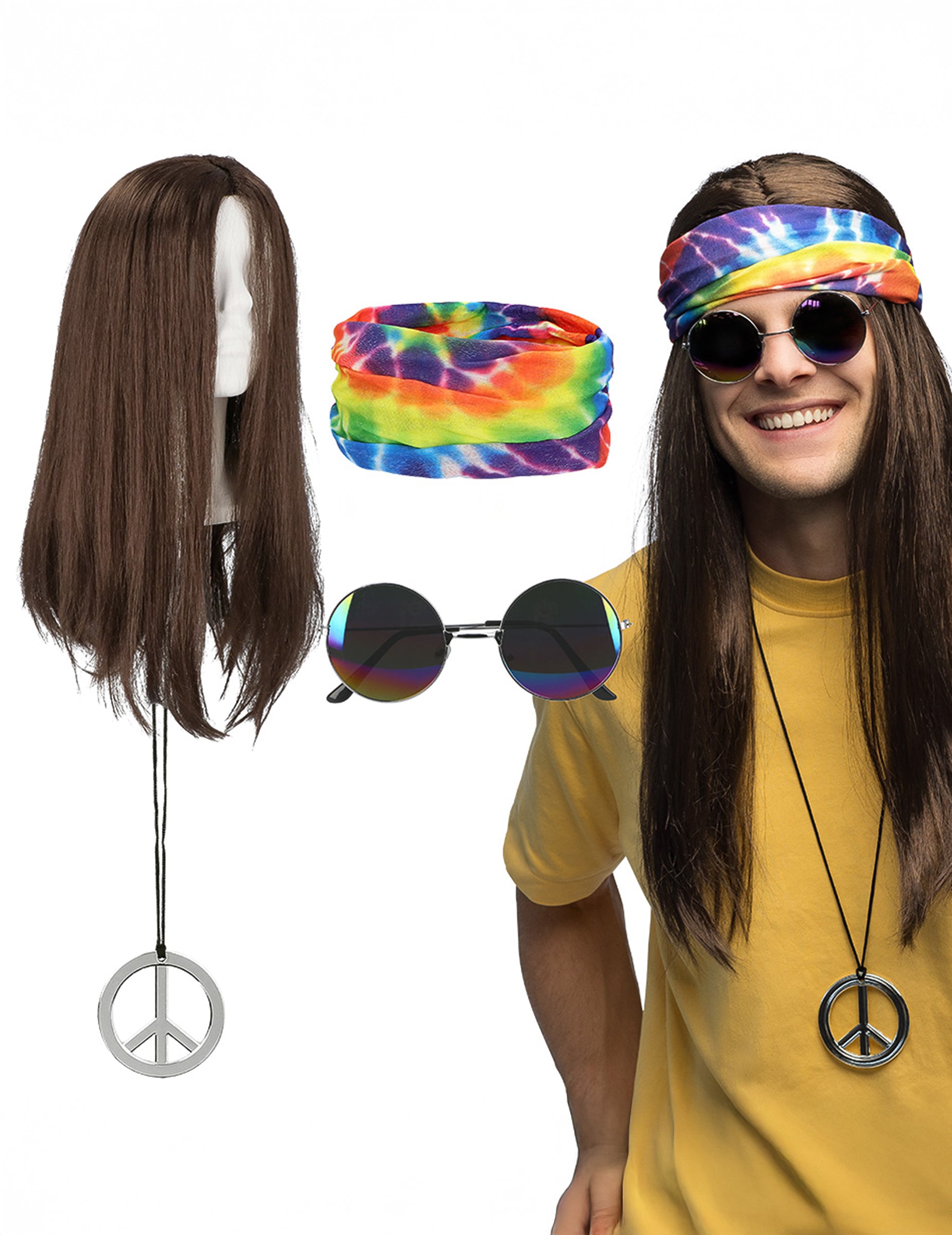 Set Hippie pour adulte avec perruque, lunettes, bandeau multicolore et collier peace and love