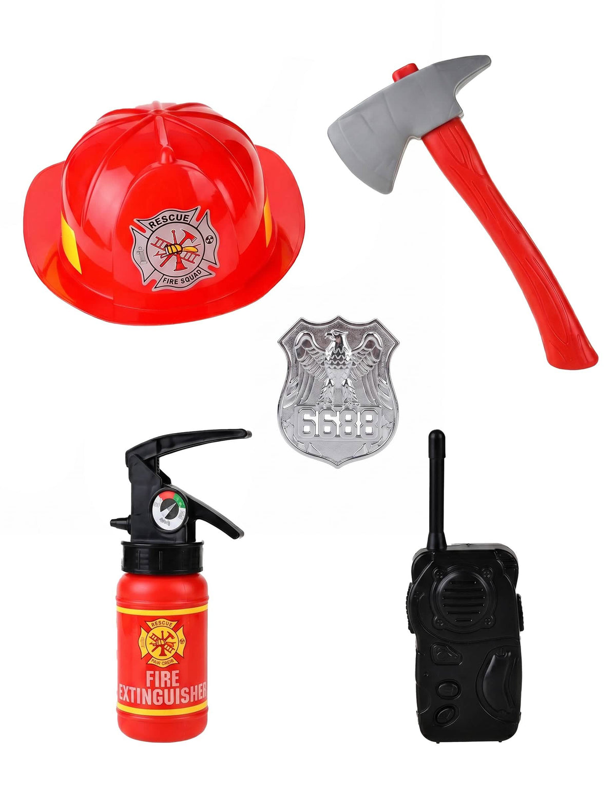 Set de bombero de plástico para niño rojo y gris con casco y accesorios