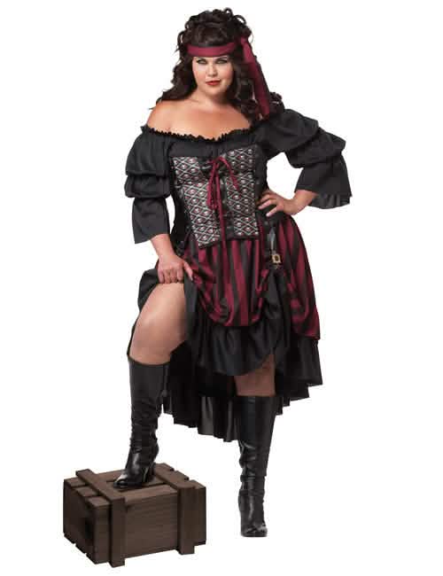 Disfraz de pirata para mujer negro y burdeos con corsé y diadema