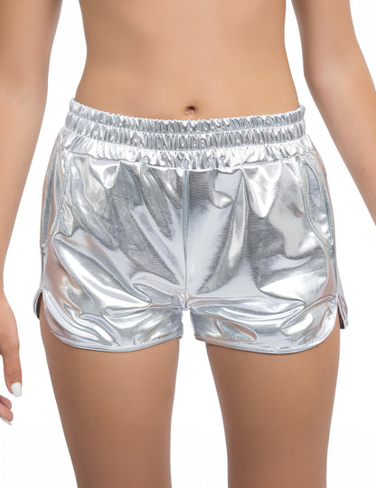 Short metalizado plateado para mujer